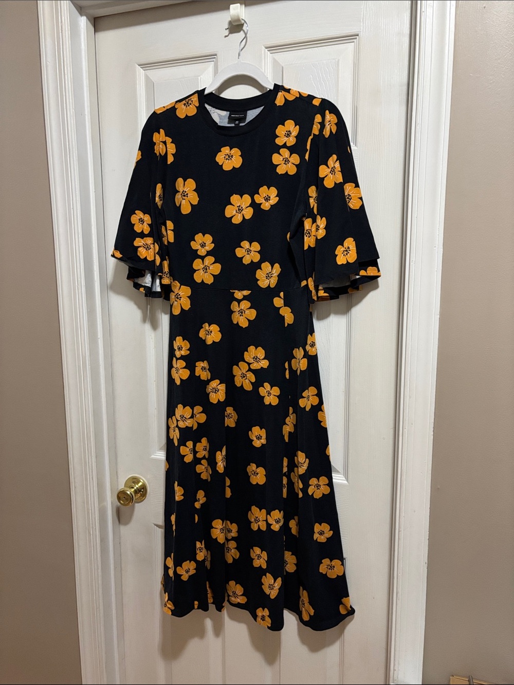 Who What Wear Black Midi Dress with Yellow Floral Print